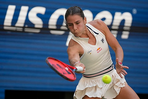 2024 US Open quarterfinals: Emma Navarro, of the United States, returns a shot to Paula Badosa, of Spain